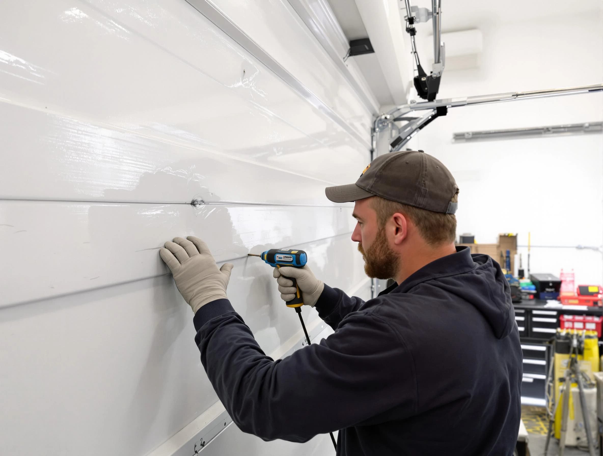 Moon Garage Door Repair technician demonstrating precision dent removal techniques on a Moon garage door